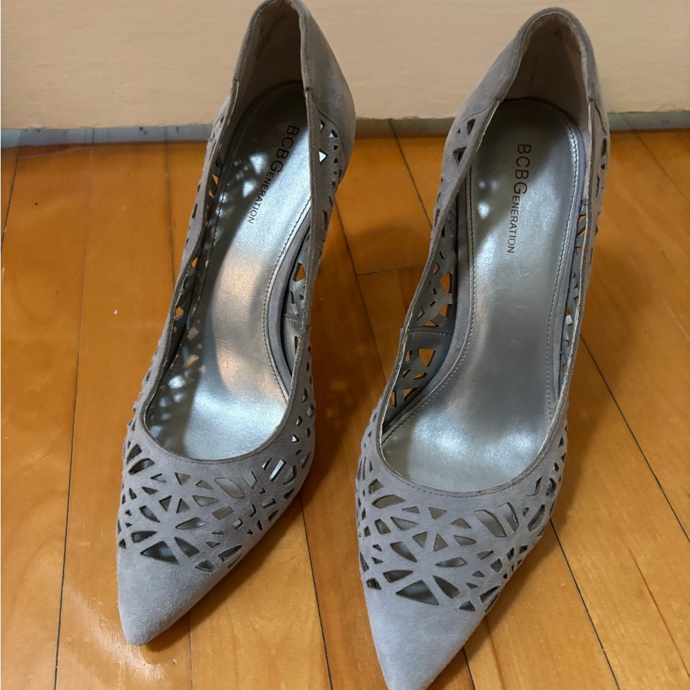 BCBG Gray Laser-Cut Heels for Professional Elegance